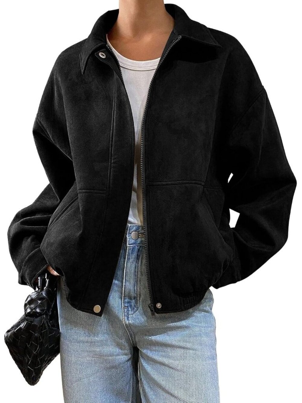 〽️Women's Black Faux Suede Oversized Zip Up Cropped Lapel Collar Bomber Jacket